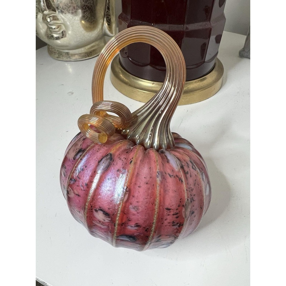 Jack Pine Glass Pumpkin Tilt 2017 Signed Hand Blown Art Glass Iridescent - Picture 4 of 6